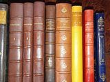 several old books are lined up on a leather surface