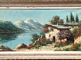 an oil painting of a house by a lake with mountains in the background