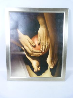painting of a person holding an apple in front of a white background