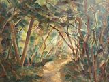 an oil painting of a path in the woods with trees