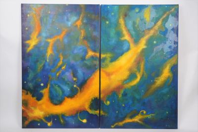 two paintings of a yellow and blue painting on a white wall