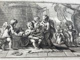 an old drawing of a man and a woman in a boat with other people