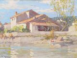 une image d'un tableau représentant une maison au bord de l'eau
