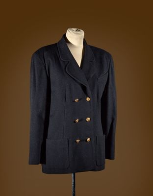 an image of a black coat on a mannequin stand