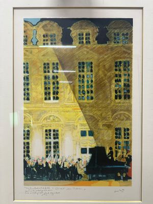 painting of a painting of a building with a grand piano in front of it