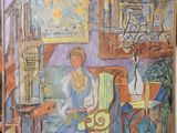 a painting of a woman sitting in a chair in a room