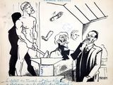 drawing of a man in a suit talking on a cell phone while another man watches