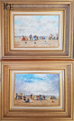 deux tableaux représentant des personnes assises sur la plage par une journée ensoleillée