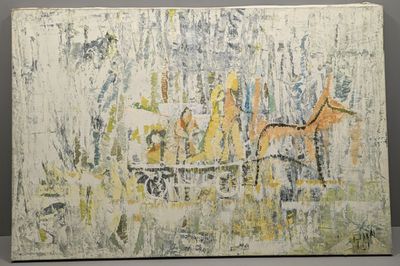 peinture abstraite représentant un chien et un chat dans un champ