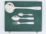 a silverware set on a green surface with a spoon and fork