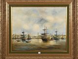 un tableau représentant une scène de port avec des bateaux sur l'eau