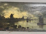 peinture représentant un paysage avec un moulin à vent et des bateaux sur l'eau