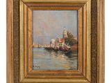 a painting of a boat on a river with buildings in the background