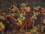 tableau représentant un groupe de personnes assises autour d'une table en train de manger