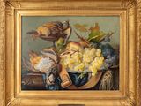painting of a still life of birds, grapes, and other fruit