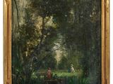 a painting of two people sitting on a bench in a wooded area