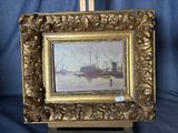 an old picture of a boat in the water with a wooden easel