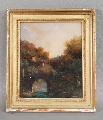 an image of a painting of a bridge over a river