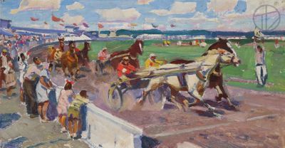 un tableau représentant une course de chevaux attelés à des calèches sur la piste