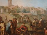 a painting of a group of people in a town