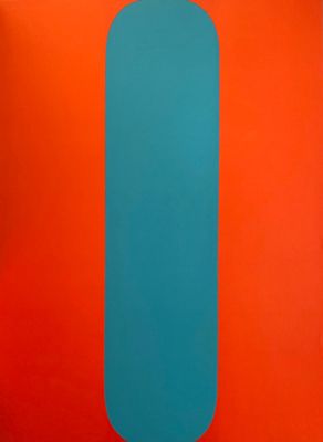 an orange and blue square with a blue rectangle on it