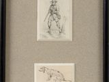 two framed drawings of a man and a dog on a table