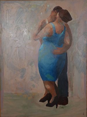 une peinture à l'huile représentant un homme et une femme en robe bleue