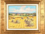 une peinture à l'huile représentant une scène de vie à la ferme, avec des meules de foin au premier plan
