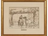 an image of a drawing of a man on a horse in a stable