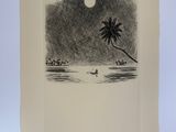 un dessin en noir et blanc représentant un palmier sur une plage
