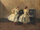 tableau représentant deux femmes en robe blanche debout près d'un piano