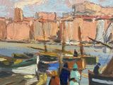 a painting of a group of people standing on a dock