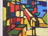 abstract painting of a colorful city scene with a blue sky in the background