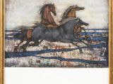 painting of two horses running in a field with a sky in the background