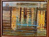 une peinture à l'huile représentant un bâtiment avec des colonnes dans l'eau