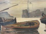 a painting of boats on the water with a city in the background