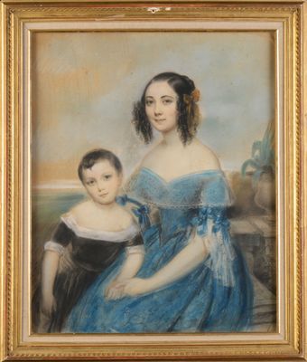 un tableau représentant une femme et un enfant en robe bleue