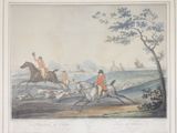 a picture of a painting of a man on a horse chasing a dog