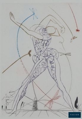 dessin représentant une femme en corset tenant un oiseau dans la main