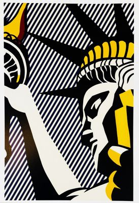 a black and white painting of a statue of liberty holding a torch
