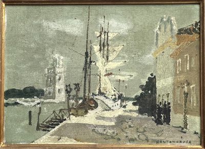 peinture représentant une scène de port avec des bateaux et des personnages