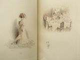 an open book with a drawing of a woman in a dress and a man in a tuxedo