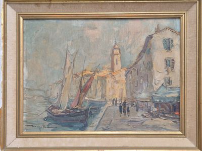 une peinture à l'huile d'une scène portuaire avec des bateaux dans l'eau