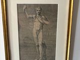 an old drawing of a man holding a ball in his hand