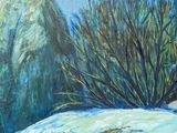 painting of a snowy landscape with a mountain in the background