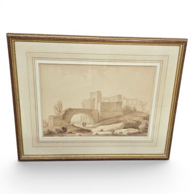 un vieux dessin représentant un pont enjambant une rivière, avec un château en arrière-plan