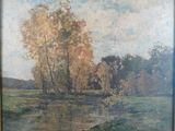 painting of a landscape with trees and a river in the foreground
