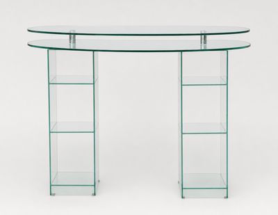a glass desk with shelves and a glass shelf on top