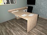 a wooden desk with a black chair in front of it