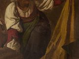 an old painting of a woman holding a cloth in her hands